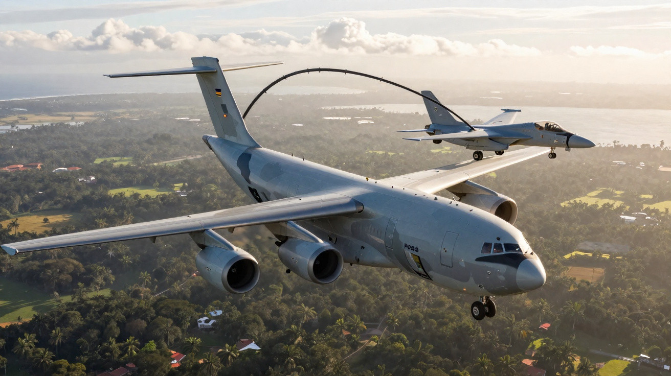 Avião de reabastecimento aéreo conectando-se a jato militar em voo sobre paisagem verde.