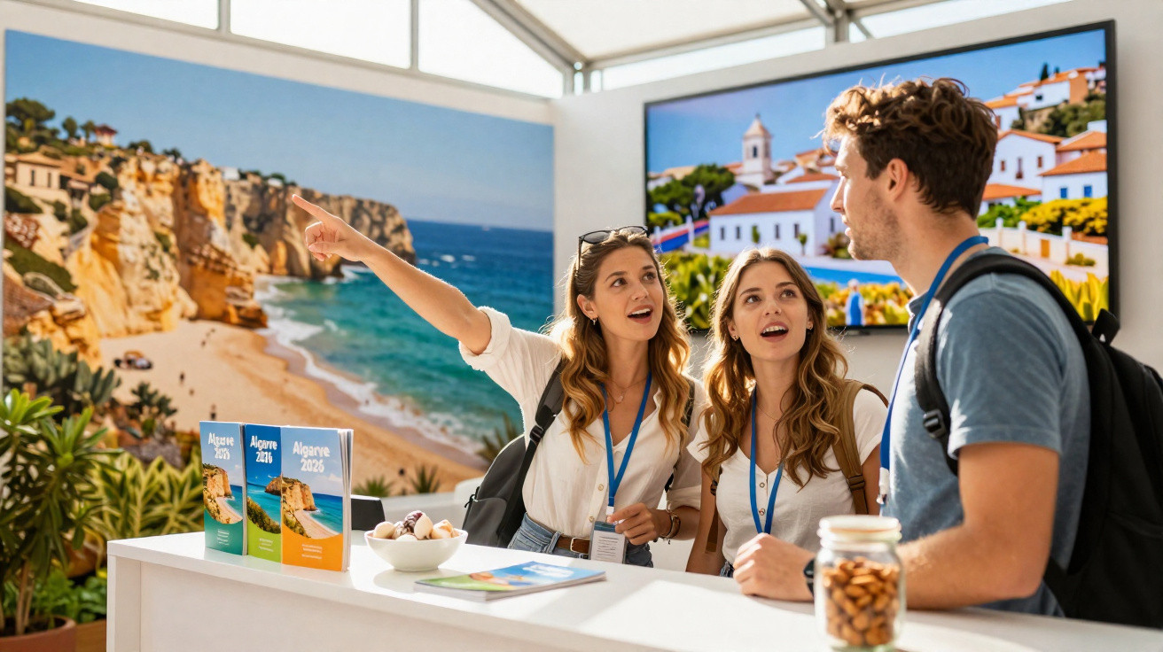 Duas atendentes turistas conversando com homem em estande de viagem mostrando fotos de praia e cidade.