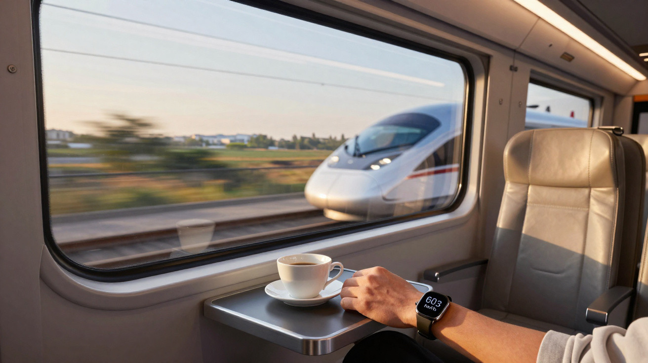 Interior de trem com vista para outro trem de alta velocidade pela janela e xícara de café na mesa.