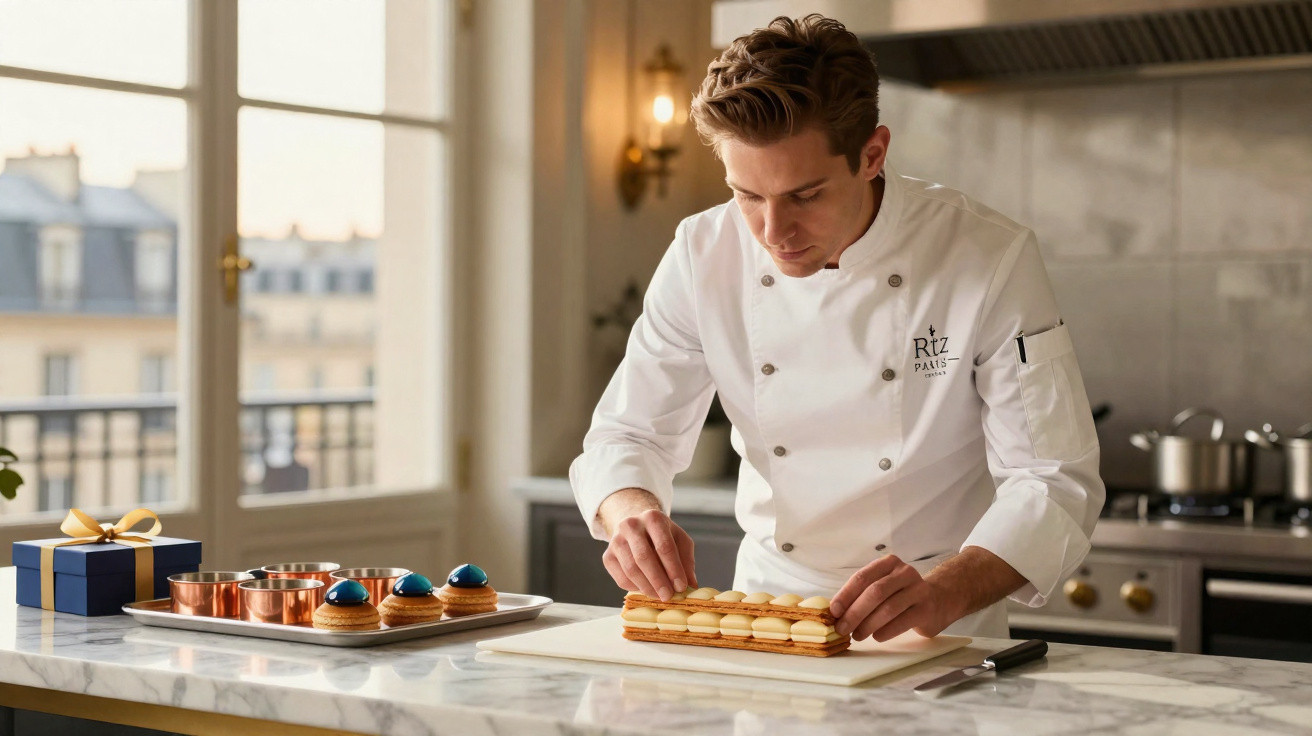 Chef confeiteiro arrumando sobremesa sofisticada em cozinha moderna com luz natural e presentes.