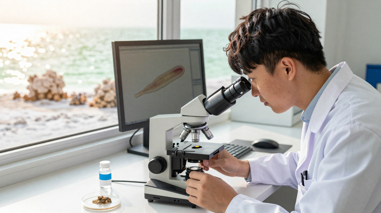 Homem jovem com jaleco branco observa amostra em microscópio em laboratório com vista para o mar.