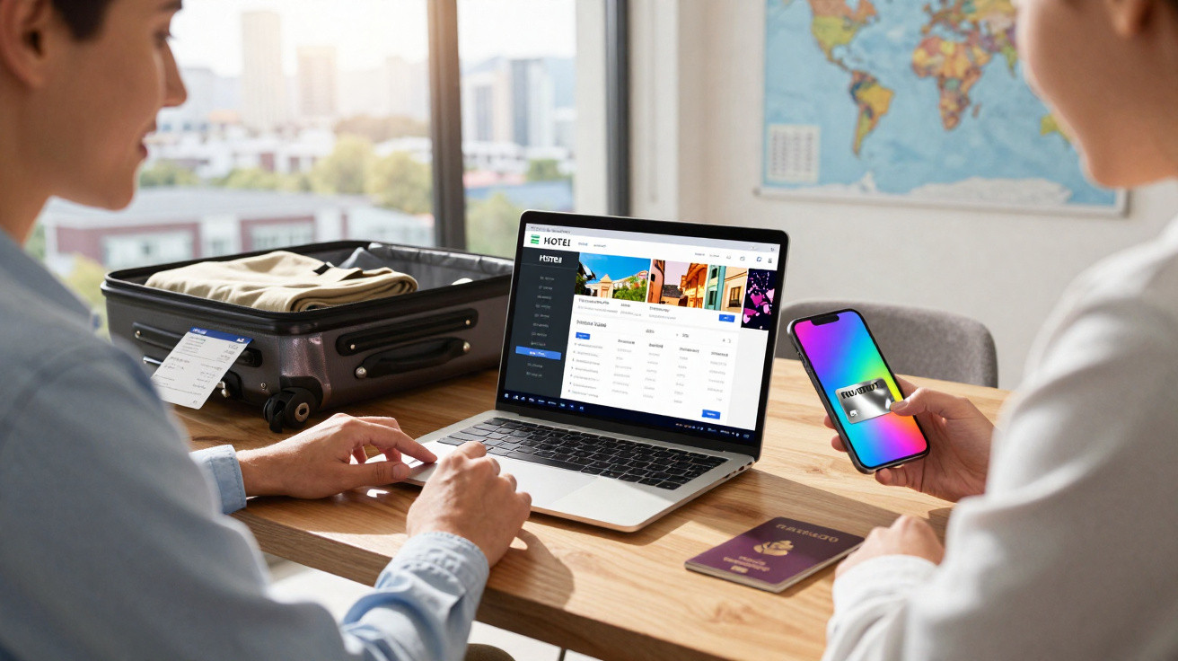 Duas pessoas planejando viagem, com laptop aberto em site de reserva de hotel e passaporte sobre a mesa.