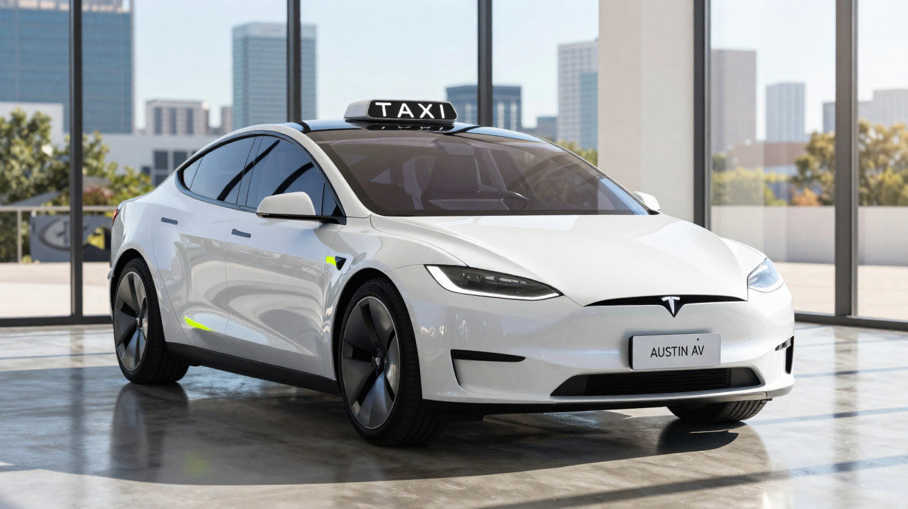 Carro elétrico Tesla branco com placa "Austin AV" e sinal de táxi no teto em ambiente urbano iluminado.