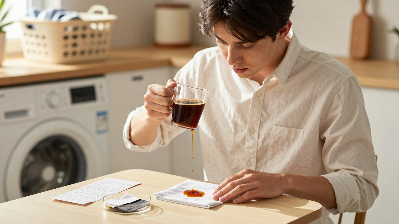 Homem analisa mancha de café em guardanapo em cozinha com máquina de lavar ao fundo.