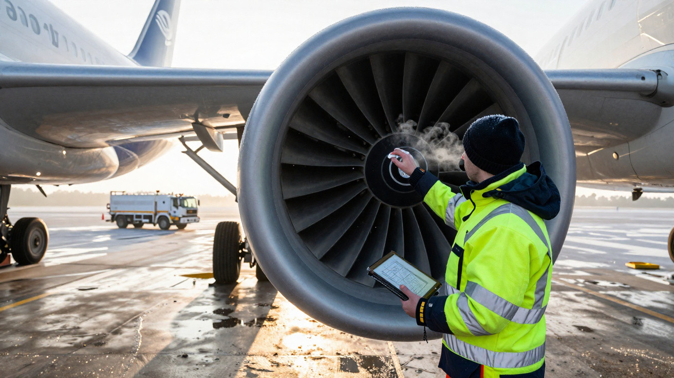 Técnico inspecionando motor de turbina de avião em pista durante o dia, vestindo jaqueta amarela refletiva.