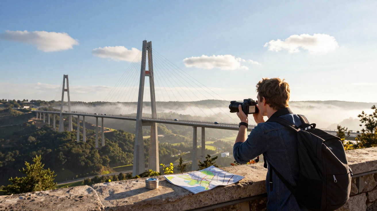 Pessoa com mochila tirando foto de ponte estaiada com mapa sobre mureta em área verde com neblina pela manhã.
