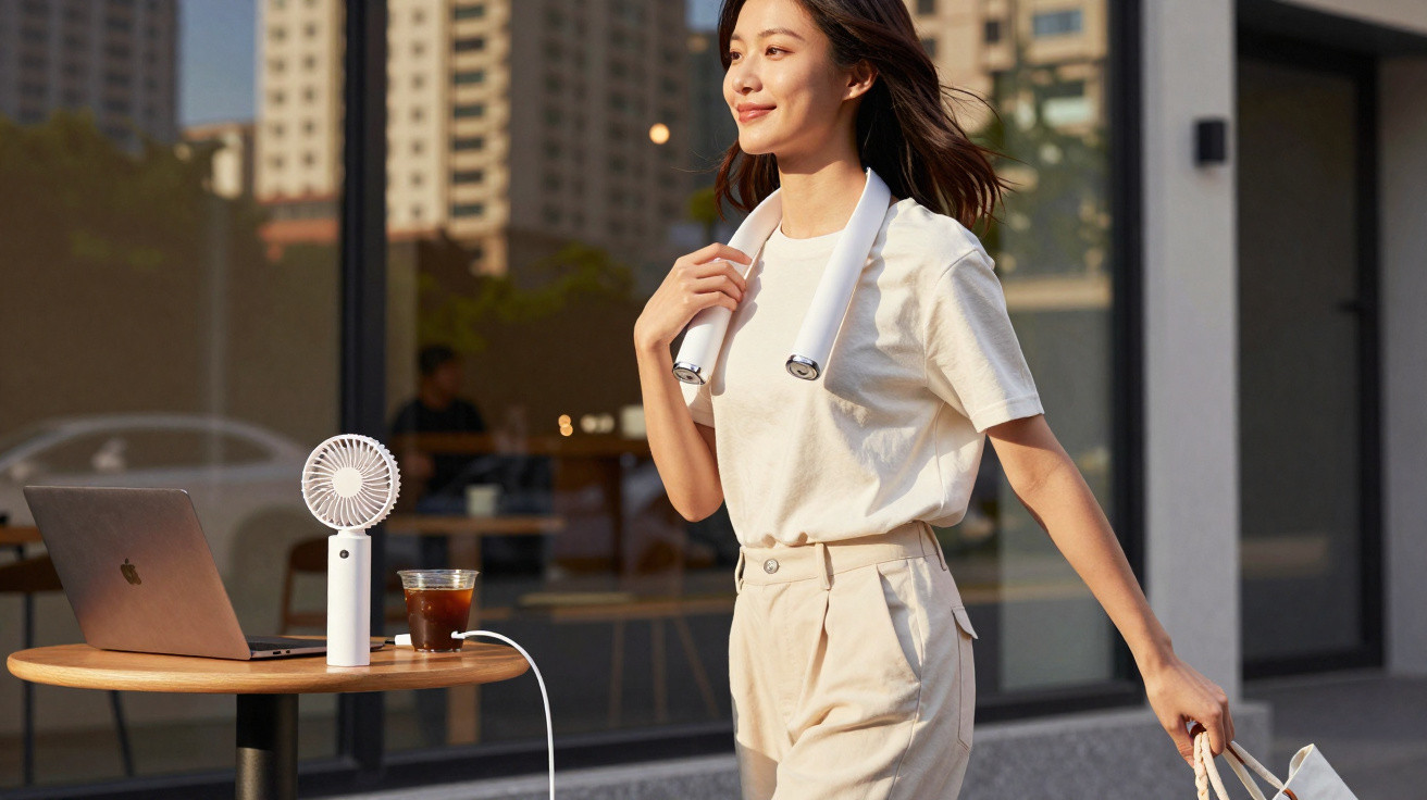 Mulher jovem vestindo roupa clara e usando ventilador portátil no pescoço em ambiente urbano ao ar livre.