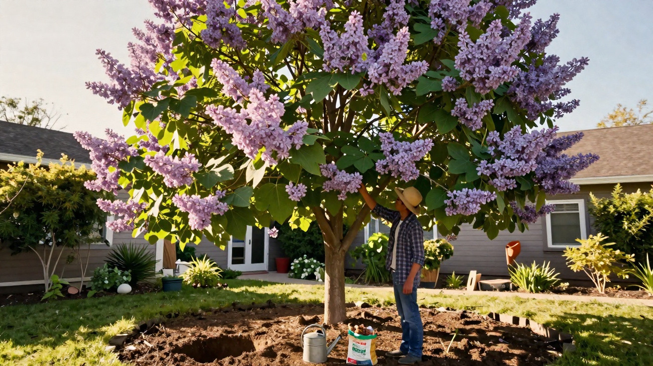 Pessoa com chapéu cuidando de árvore florida com flores roxas em jardim de casa durante o dia.