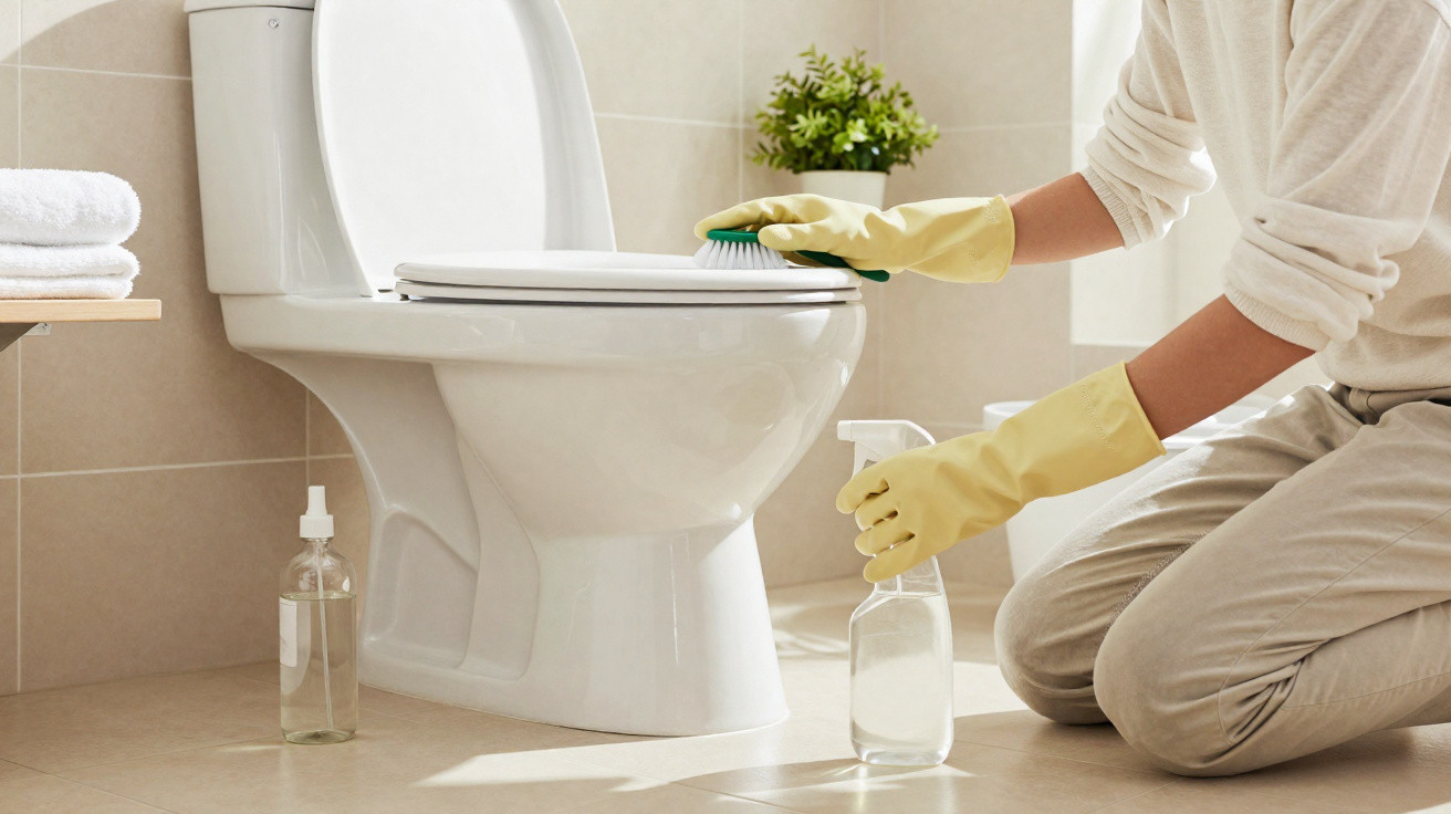 Pessoa de luvas amarelas limpando vaso sanitário branco em banheiro claro, com planta ao fundo.