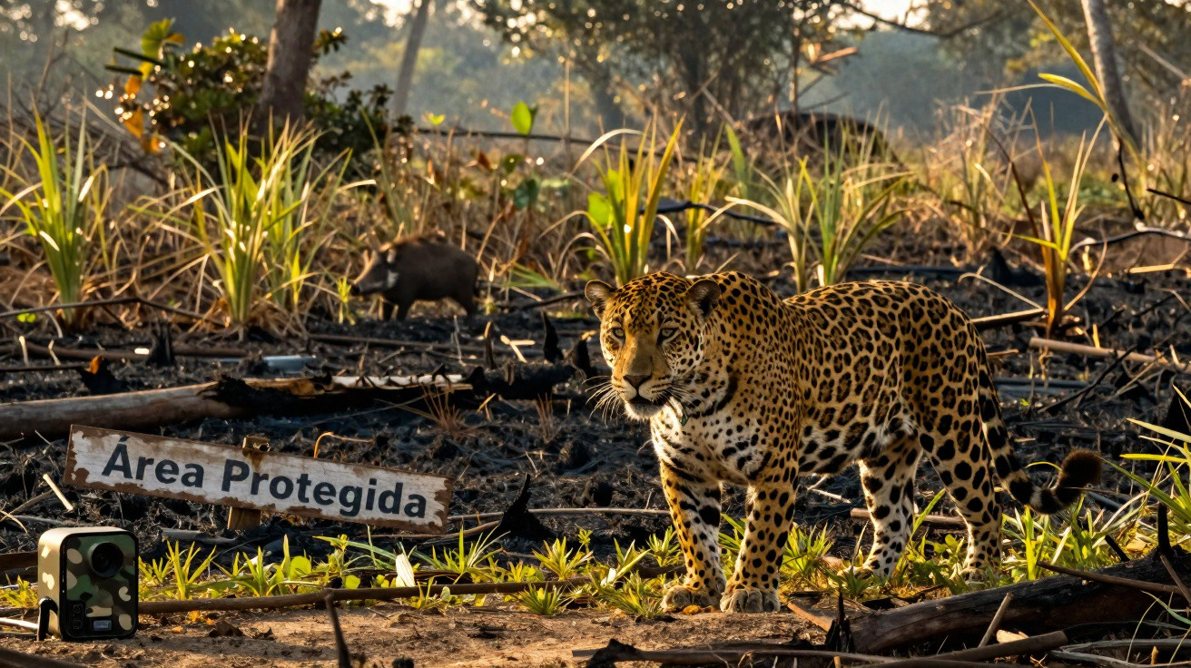 Onça-pintada próxima a placa de área protegida em ambiente de vegetação rasteira queimada.