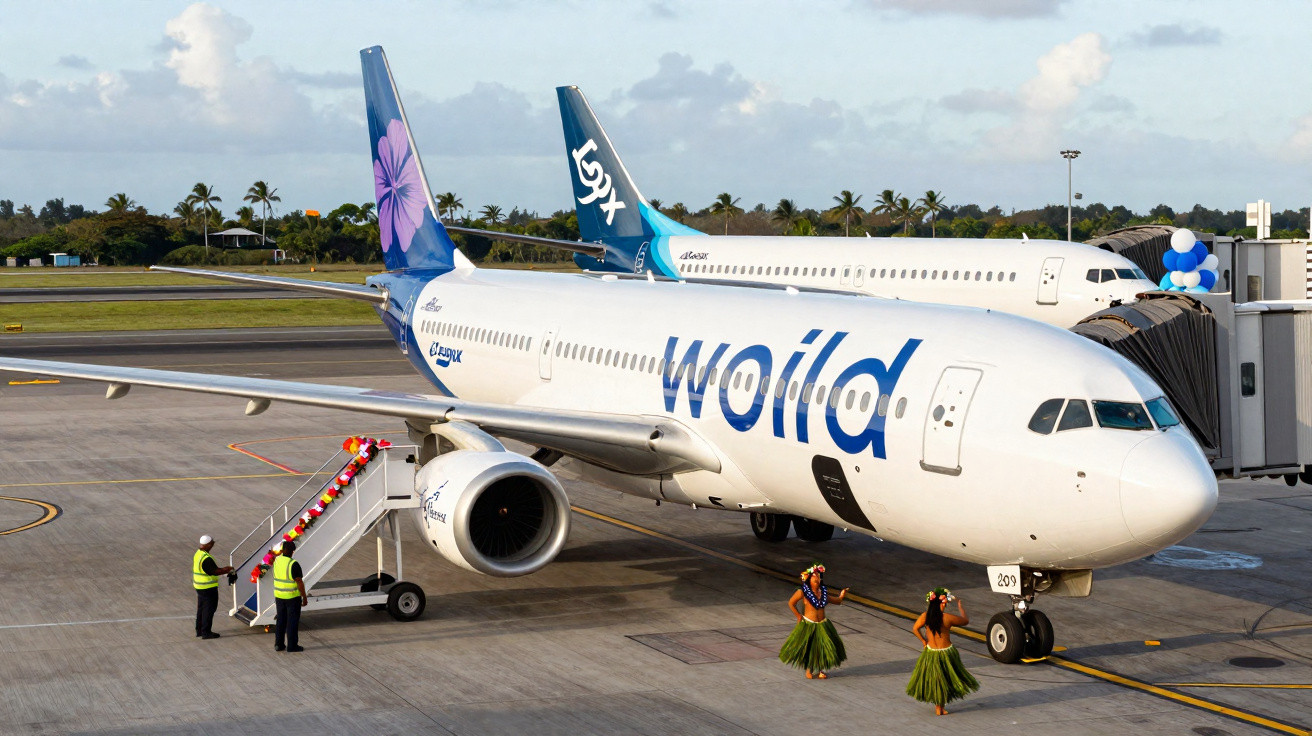 Avião da companhia Wolla no portão de embarque de aeroporto com pessoas vestindo roupas típicas.