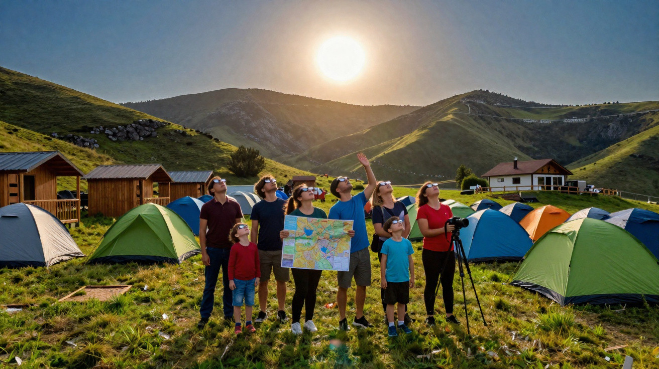 Grupo de pessoas com óculos de proteção solar observando o céu em camping na montanha ao pôr do sol.
