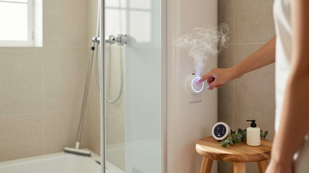 Pessoa ativando um dispositivo aromatizador em banheira com móveis claros e planta decorativa.