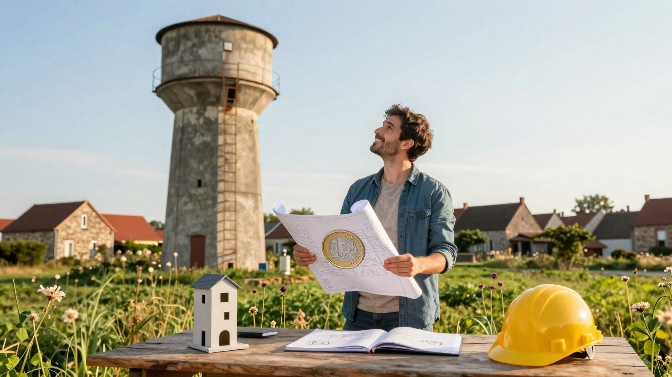 Homem com planta arquitetônica em campo aberto com torre de água, maquete e capacete sobre mesa de madeira.