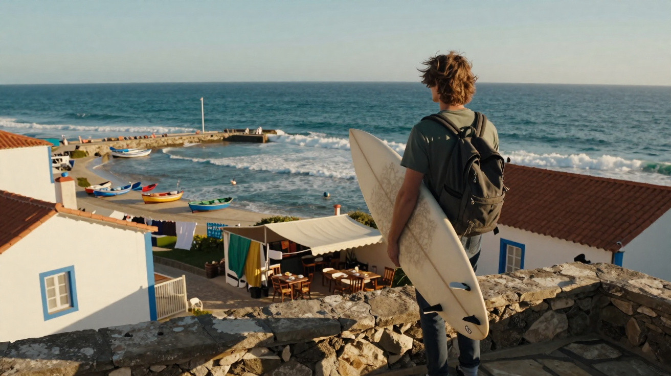 Jovem com prancha de surf e mochila, olhando para o mar e casas brancas à beira da praia.