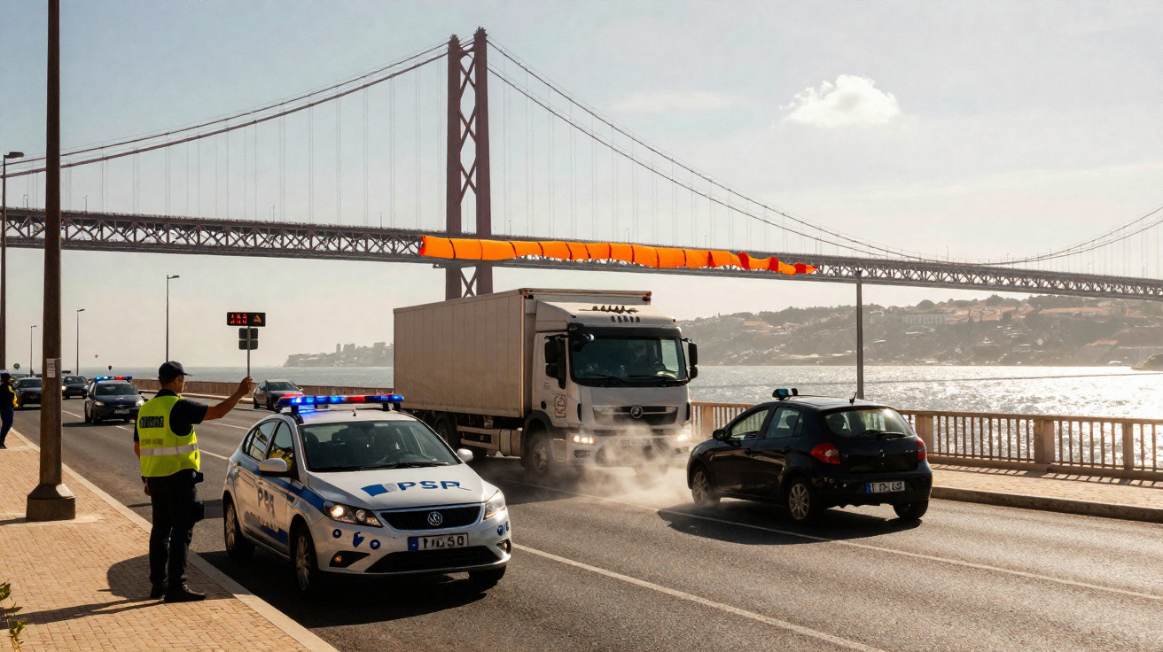 Policial de trânsito para carros na via à beira de um rio com ponte suspensa ao fundo em dia ensolarado.