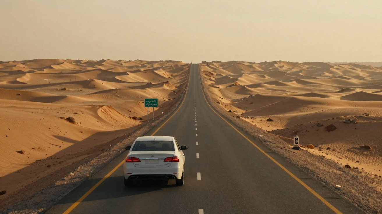 Carro branco dirigindo em estrada reta no deserto com dunas e céu claro ao fundo.