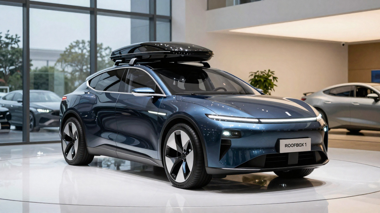 Carro elétrico azul escuro com bagageiro de teto em ambiente interno de showroom moderno.