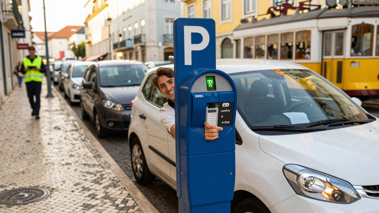 Homem sorridente pagando estacionamento em parquímetro azul na calçada de rua com carros estacionados ao fundo.