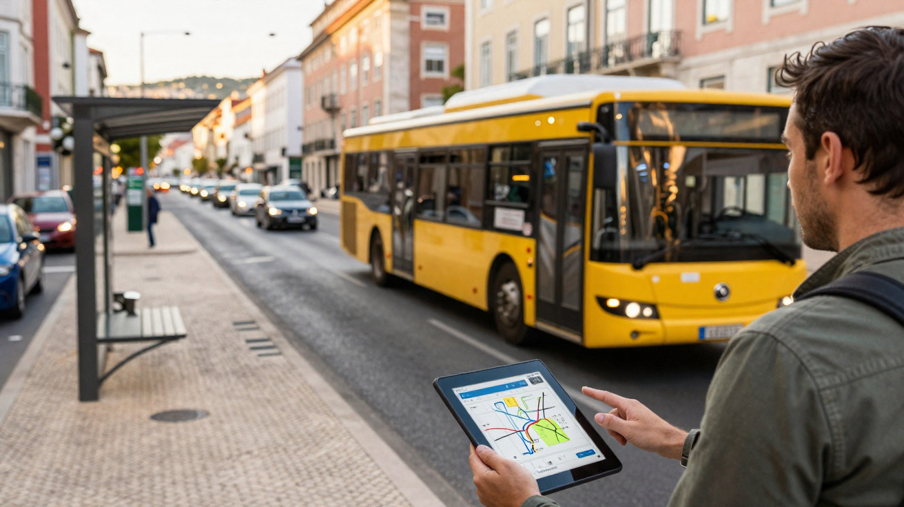 Homem com mochila consulta mapa de transporte público em tablet enquanto espera ponto de ônibus na cidade.