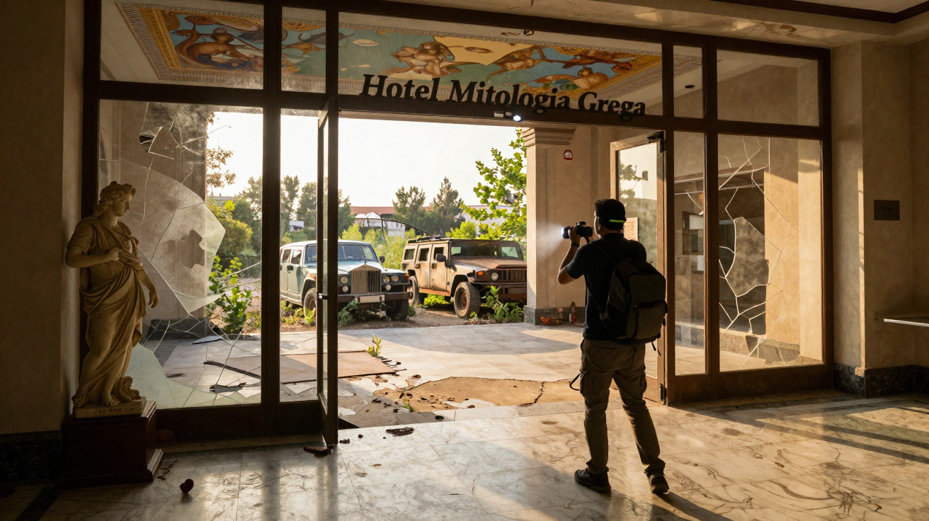 Interior abandonado do Hotel Mitologia Grega com vidro quebrado, estátua e pessoa fotografando veículos antigos.