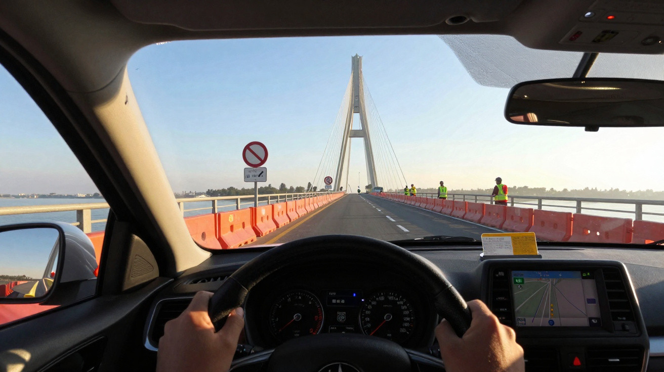 Vista do volante de um carro cruzando uma ponte suspensa com trabalhadores e sinalização.