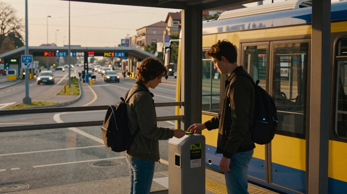 Dois jovens com mochilas validando bilhetes em catraca na parada de ônibus ao pôr do sol.