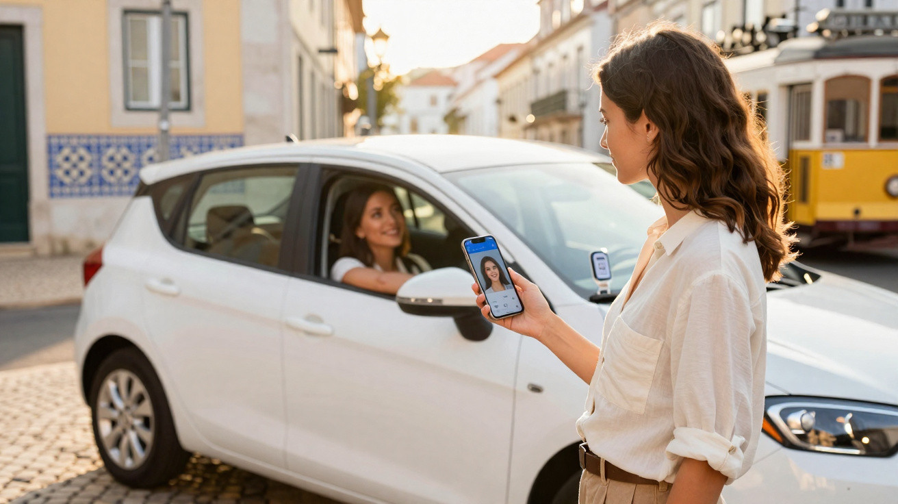 Mulher fora do carro usando aplicativo de compartilhamento com motorista sentada ao volante do carro branco.