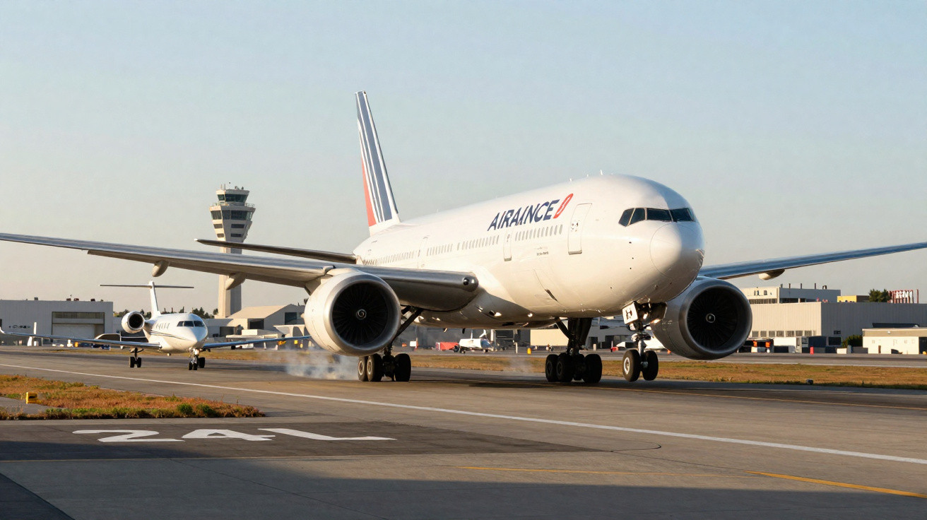Avião da Air France tocando pista para pouso em aeroporto com torre de controle ao fundo.