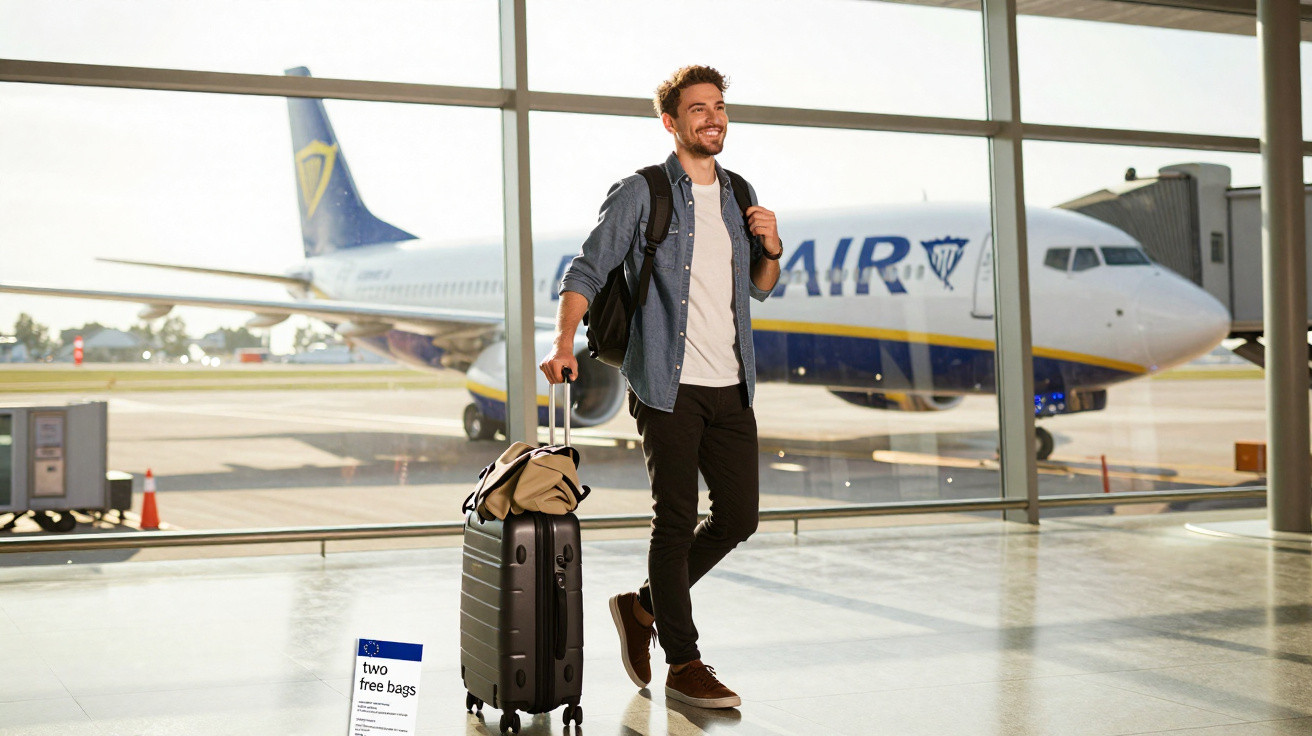 Homem sorridente com mochila e mala no aeroporto, avião parado na pista ao fundo.
