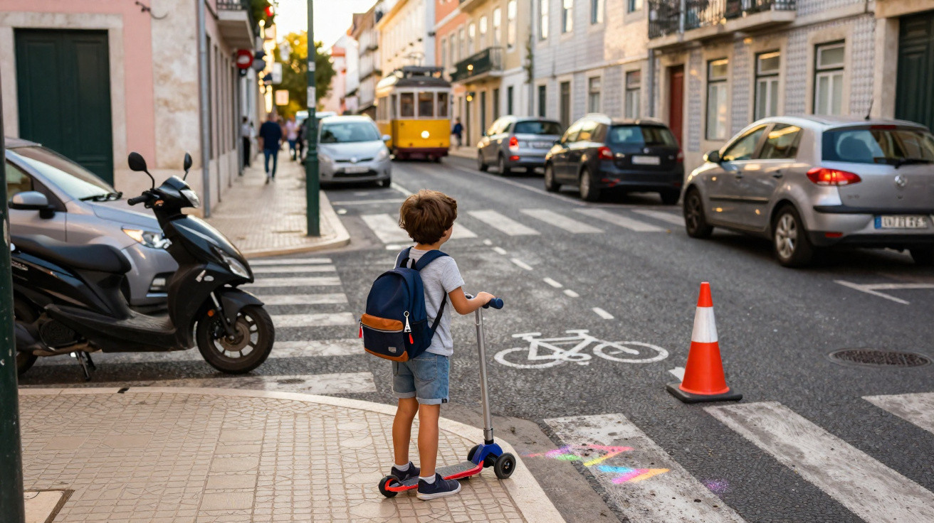 Criança com mochila segurando patinete na calçada, olhando para rua movimentada com um bonde amarelo ao fundo.