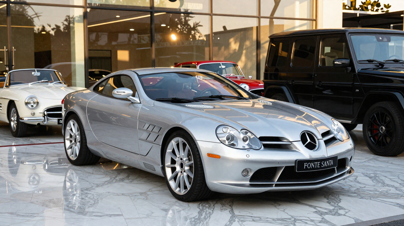 Carro esportivo prata Mercedes-Benz estacionado em piso de mármore com outros carros ao fundo