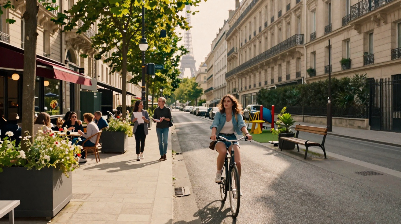 Mulher andando de bicicleta em rua de Paris com pessoas caminhando e Torre Eiffel ao fundo.