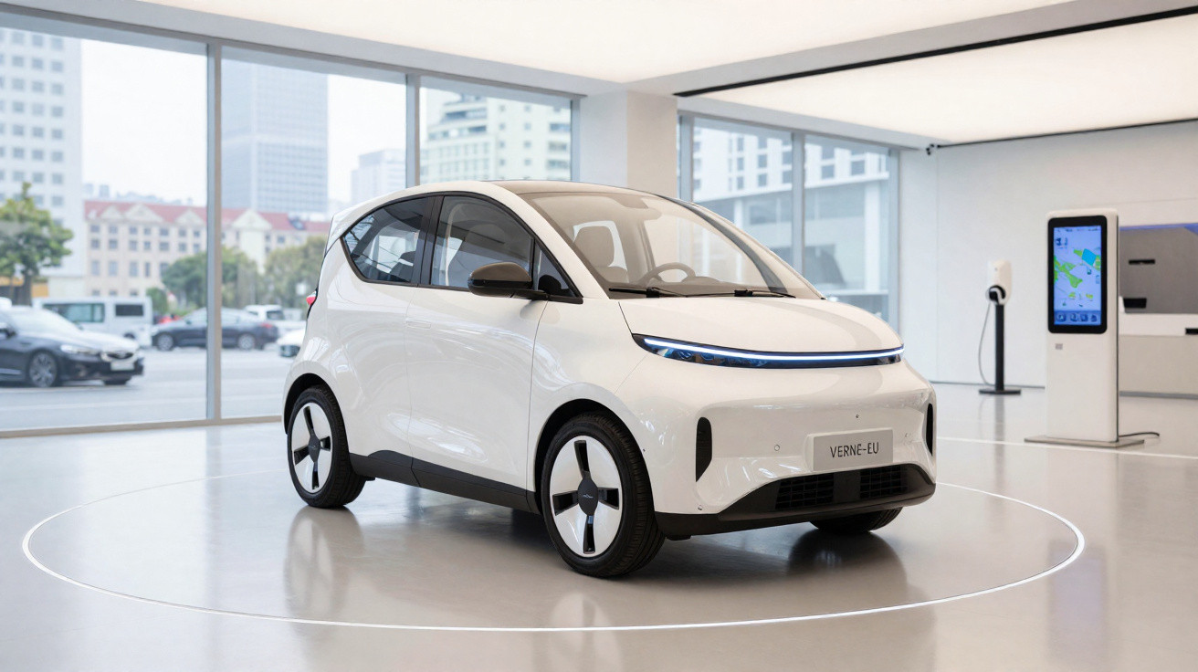 Carro elétrico branco compacto exposto em showroom moderno com grandes janelas de vidro.