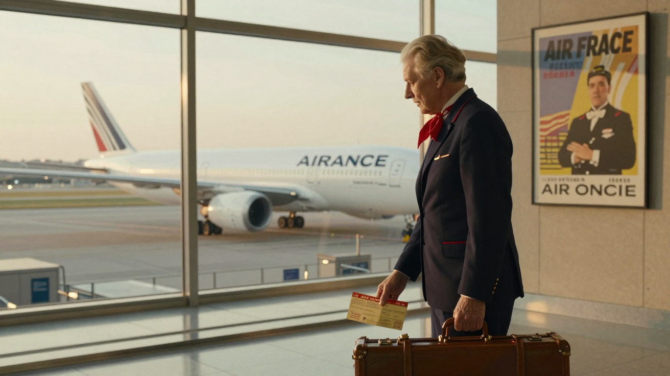 Homem de terno com mala e bilhete observa avião Air France estacionado no aeroporto pela janela.