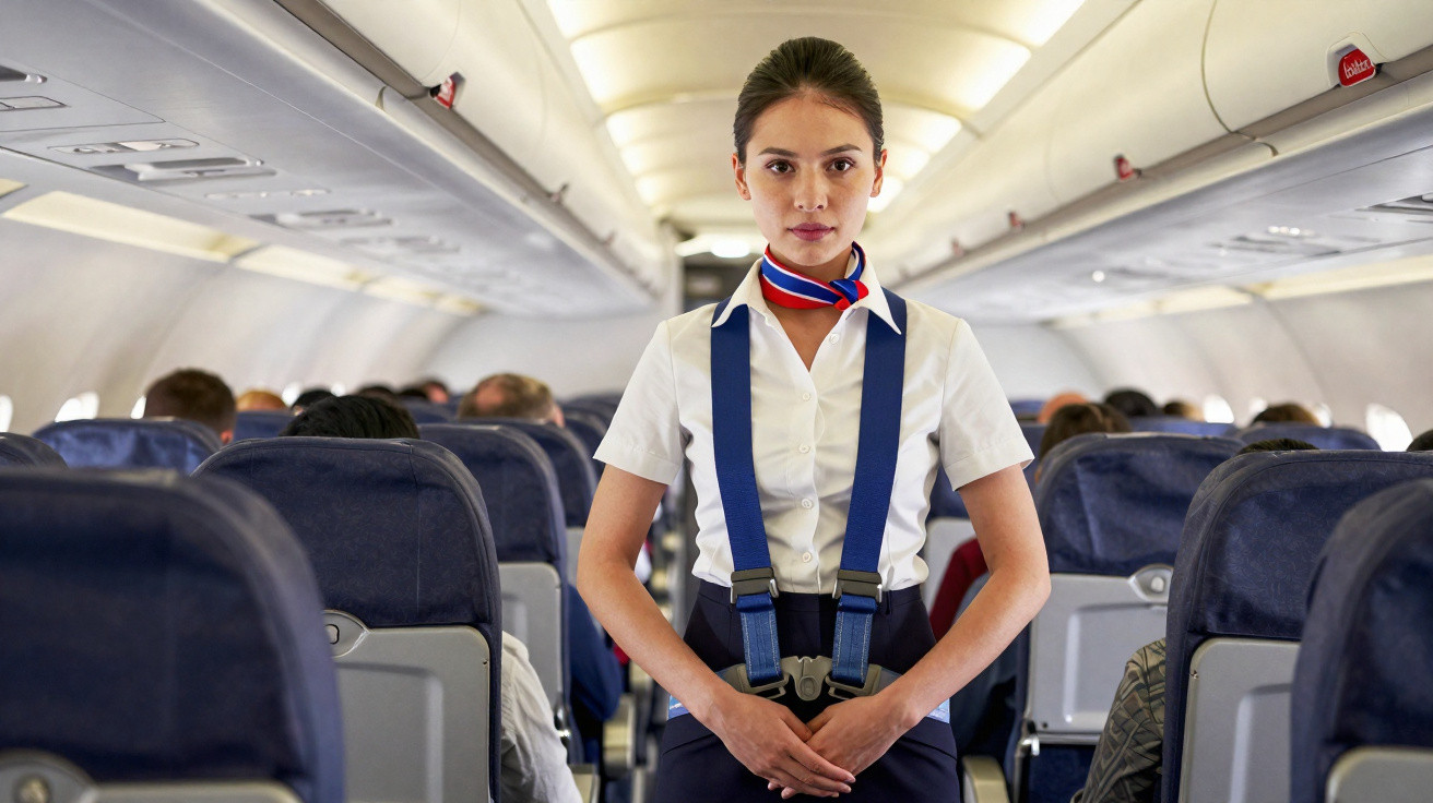 Comissária de bordo com colete salva-vidas dentro de avião, entre fileiras de assentos e passageiros sentados.