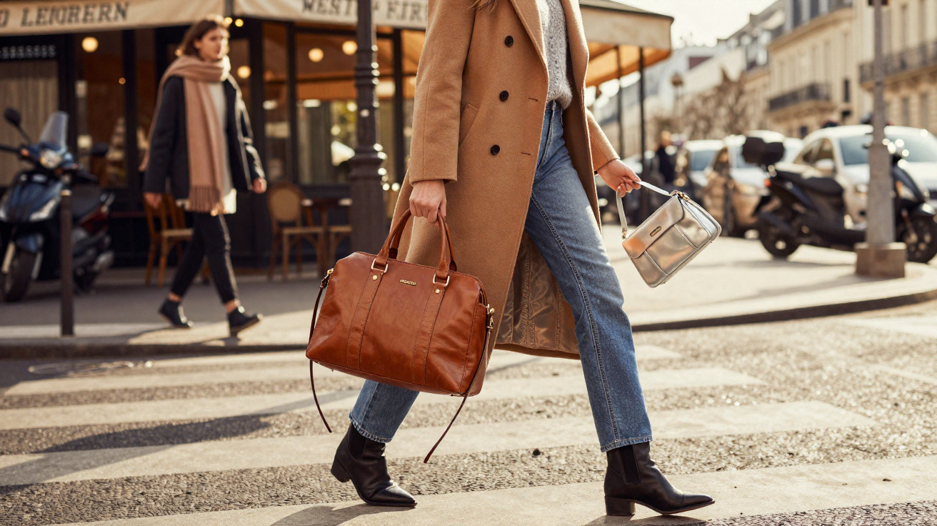 Pessoa caminhando na rua com casaco bege, jeans, botas pretas e bolsas marrom e prateada.