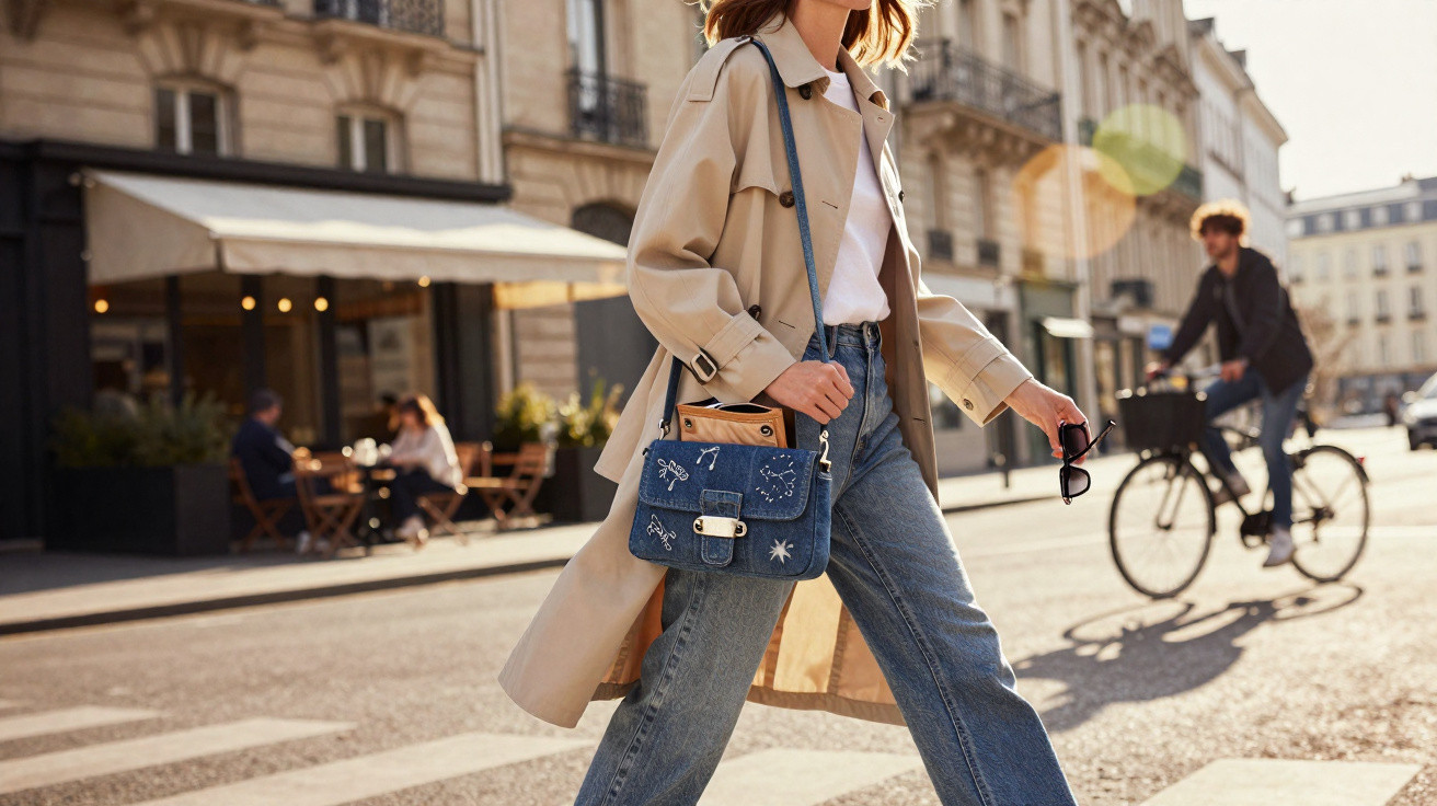 Mulher andando na rua com trench coat bege, jeans, bolsa azul e segurando óculos escuros.