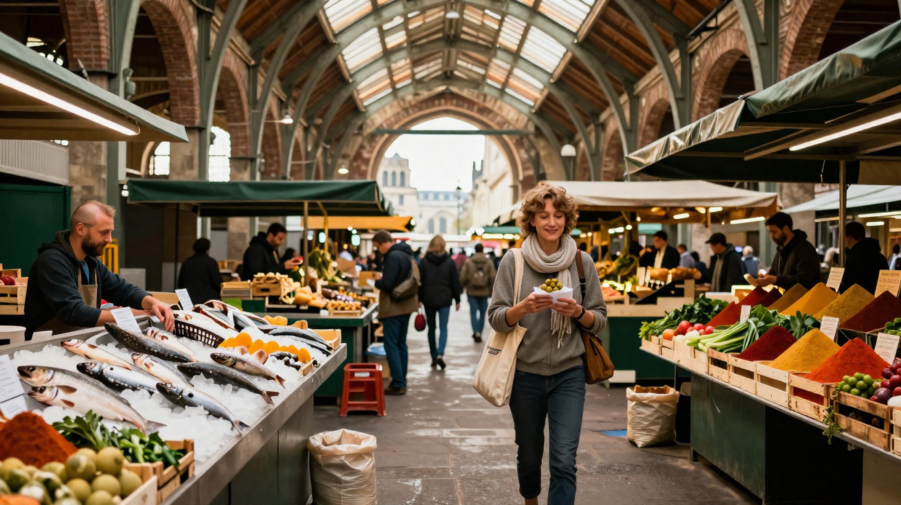 Mercado coberto com barracas de peixes, temperos e frutas, com pessoas caminhando e comprando.