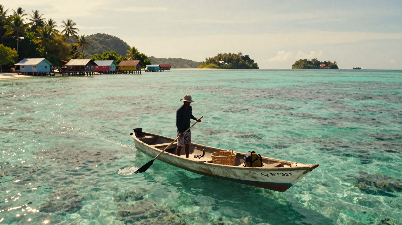 Homem remando em canoa sobre água cristalina perto de casas coloridas e ilhas tropicais ao fundo.