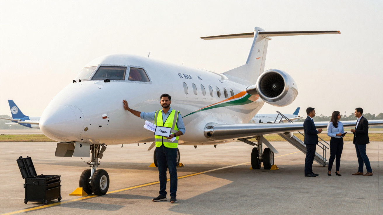 Avião privado estacionado em aeroporto com homem de colete refletivo segurando tablet próximo à aeronave.