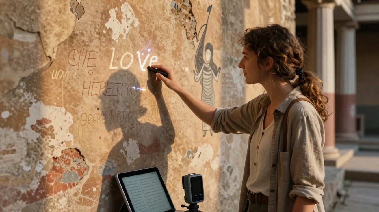 Mulher escrevendo a palavra "Love" em uma parede antiga com texto e desenhos ao fundo.