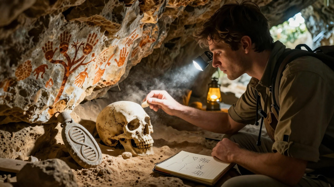 Homem explorador observa crânio em caverna com pinturas rupestres e escreve em caderno.