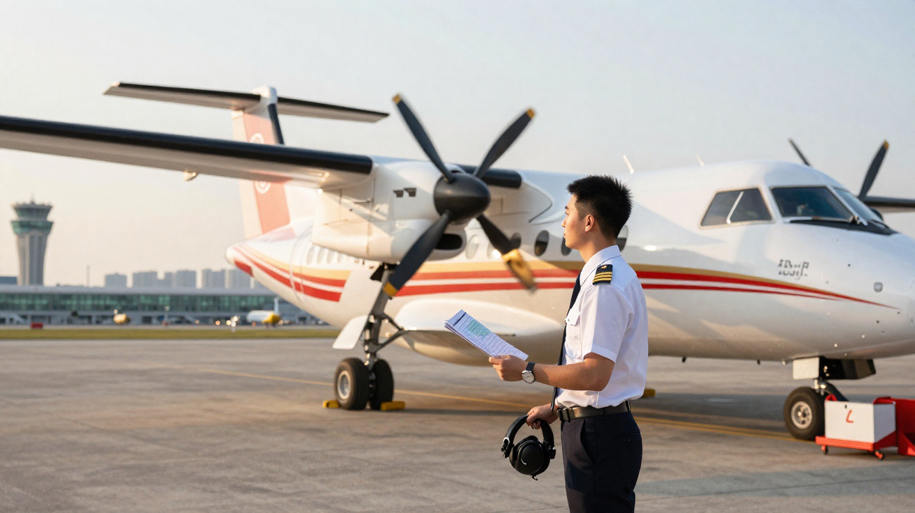 Piloto em uniforme segurando documentos e fones de ouvido próximo a avião pequeno no aeroporto ao entardecer.
