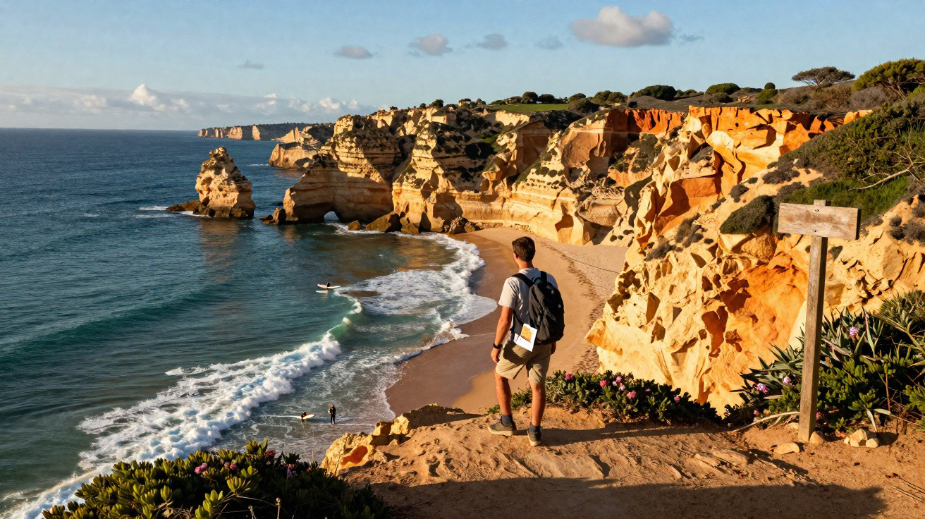 Homem de mochila observa praia com falésias rochosas douradas ao pôr do sol e mar calmo.