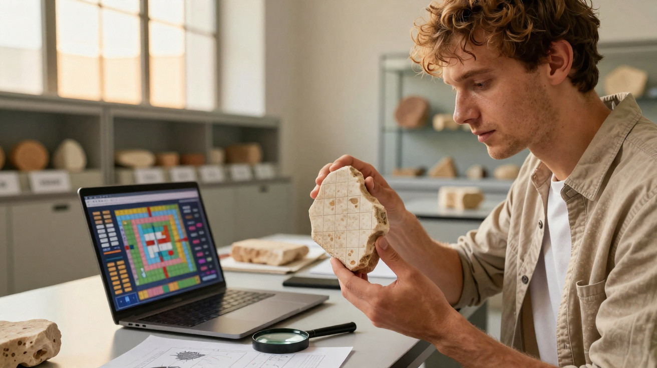 Pesquisador analisando fragmento arqueológico com inscrições geométricas em laboratório com laptop e lupa.