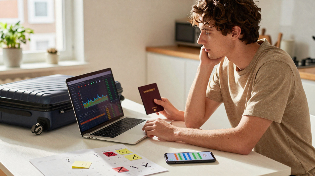 Jovem segurando passaporte e analisando gráficos no laptop em mesa com celular, papéis e mala preta.