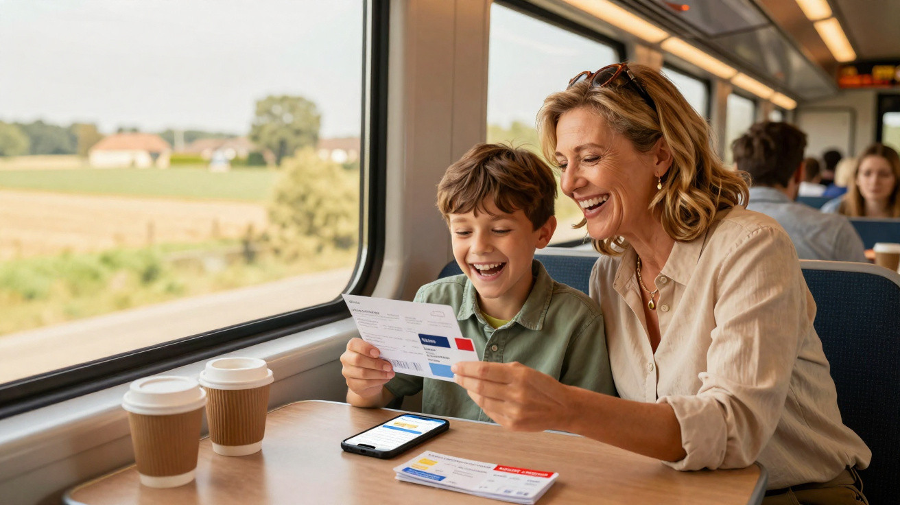 Mulher e menino sorrindo enquanto conferem bilhete dentro de trem durante viagem.