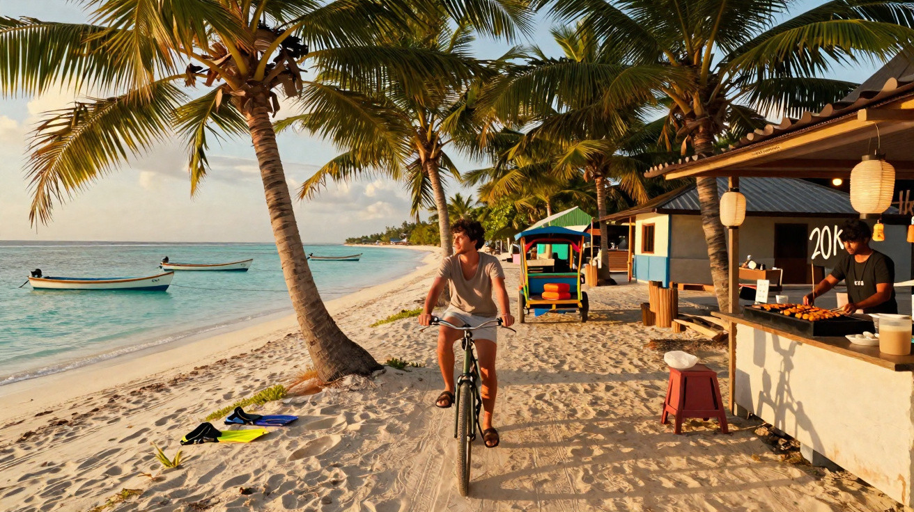 Homem andando de bicicleta na praia com coqueiros, barcos no mar e barraquinha de comida ao pôr do sol.