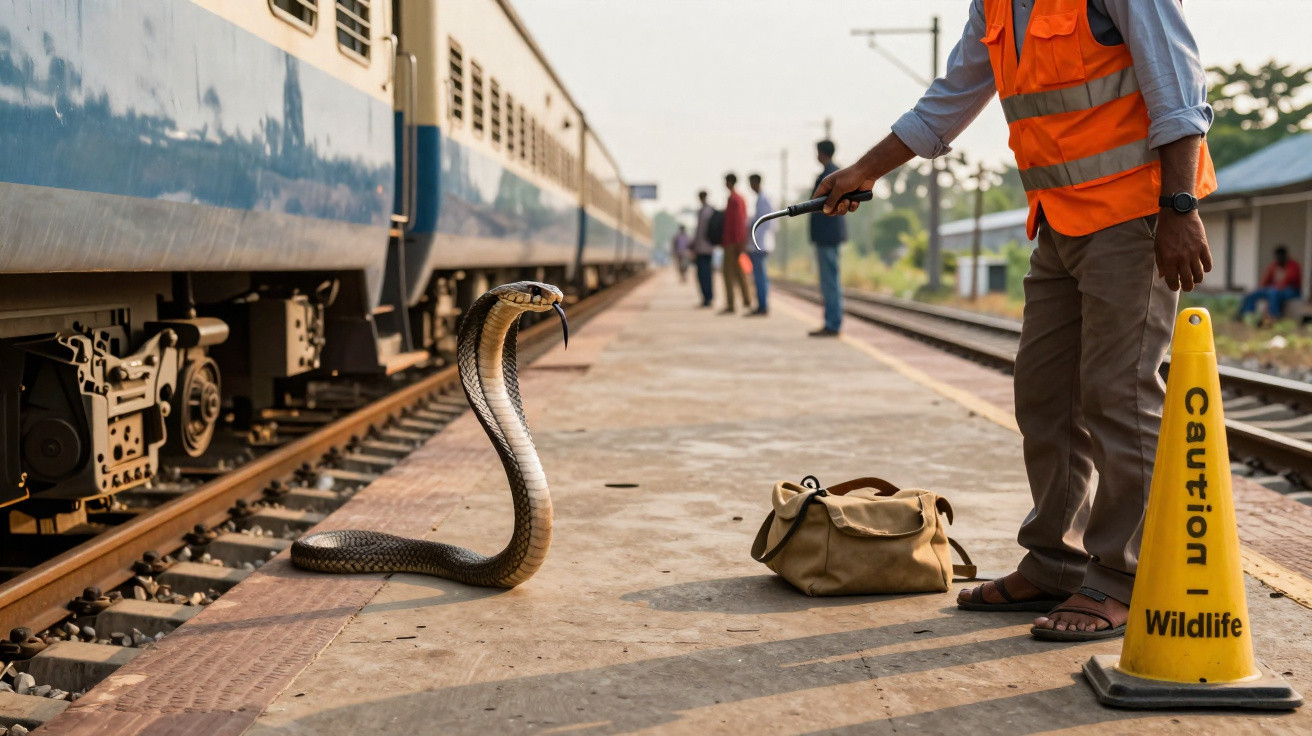 Homem com colete laranja lidando com cobra na plataforma de estação de trem com aviso de cuidado.